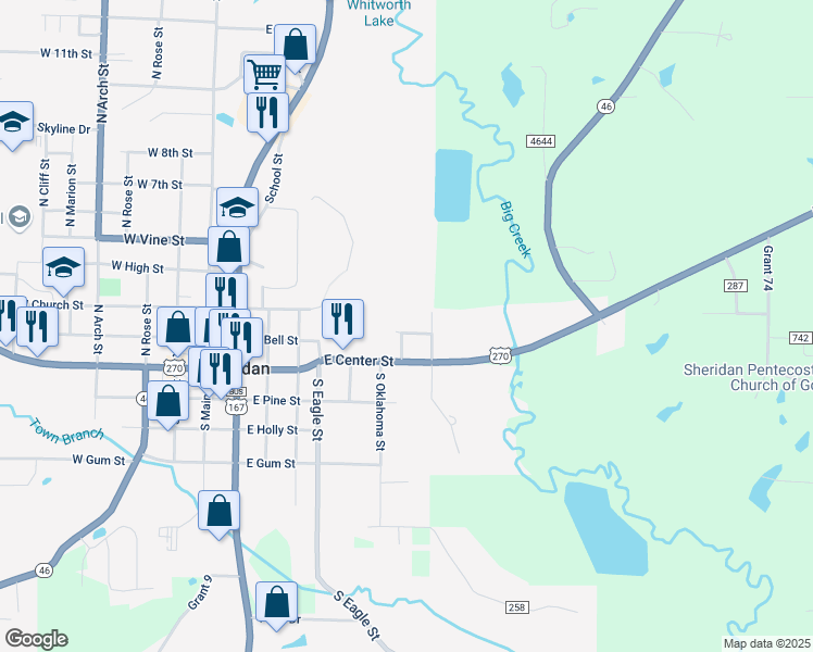 map of restaurants, bars, coffee shops, grocery stores, and more near 201 East 2nd Street in Sheridan