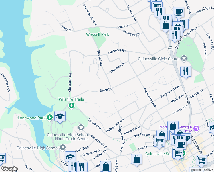 map of restaurants, bars, coffee shops, grocery stores, and more near 676 Dixon Drive in Gainesville