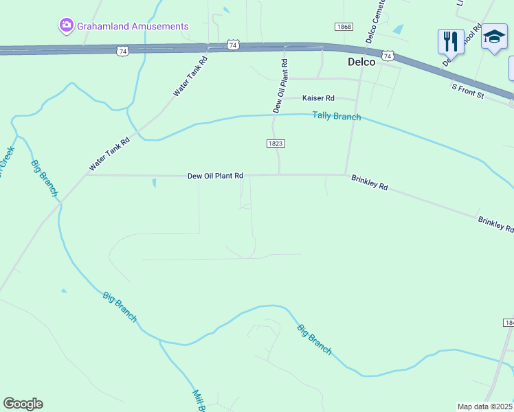 map of restaurants, bars, coffee shops, grocery stores, and more near 527 Dew Oil Plant Road in Delco