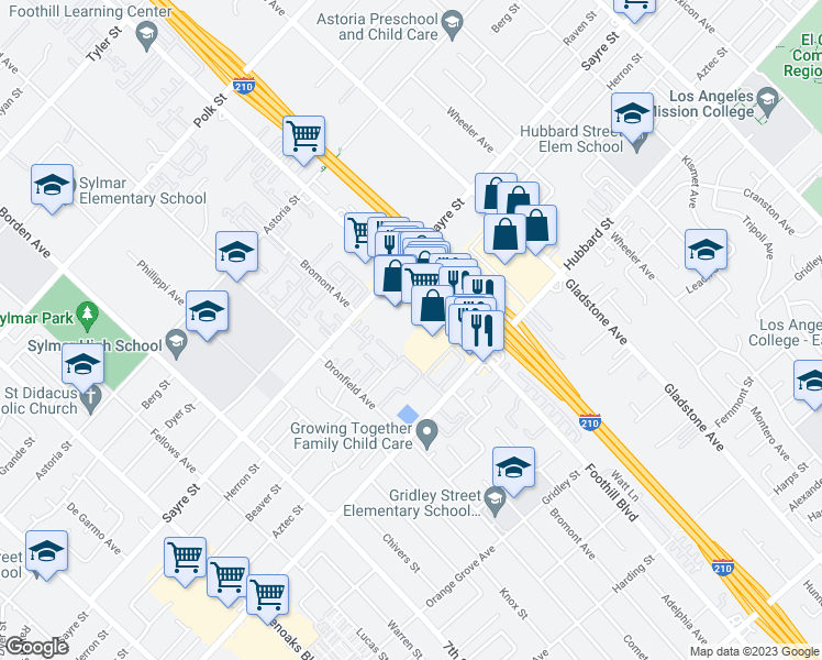 map of restaurants, bars, coffee shops, grocery stores, and more near 13730 Foothill Boulevard in Los Angeles