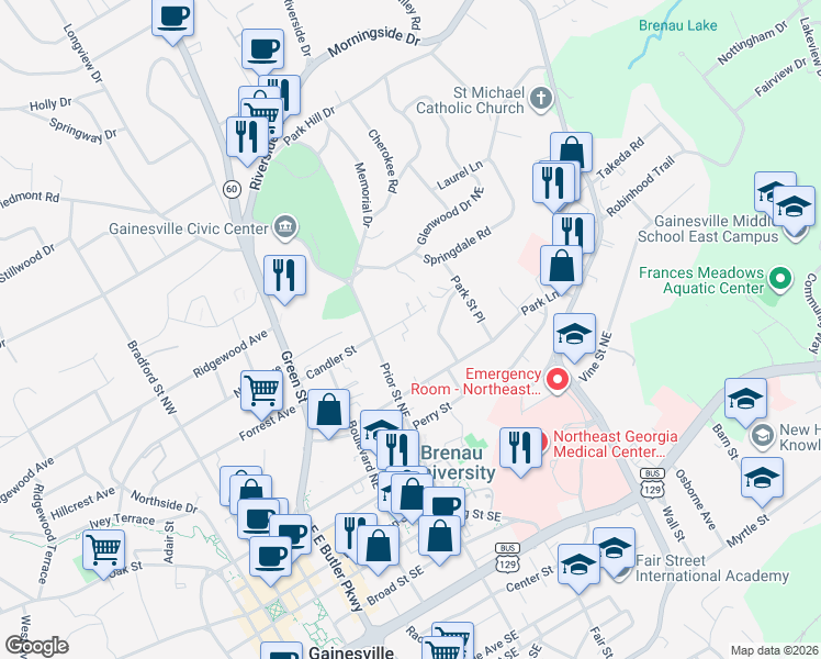 map of restaurants, bars, coffee shops, grocery stores, and more near 810 Candler Street in Gainesville