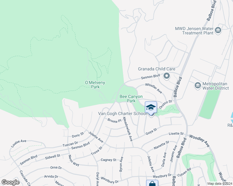 map of restaurants, bars, coffee shops, grocery stores, and more near 17300 Sesnon Boulevard in Los Angeles