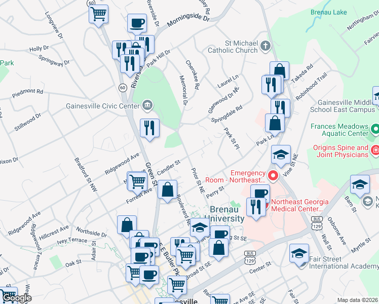 map of restaurants, bars, coffee shops, grocery stores, and more near 705 Candler Street in Gainesville
