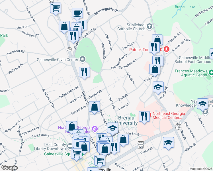 map of restaurants, bars, coffee shops, grocery stores, and more near 705 Candler Street in Gainesville