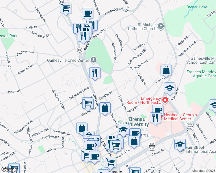 map of restaurants, bars, coffee shops, grocery stores, and more near 525 Candler Street in Gainesville