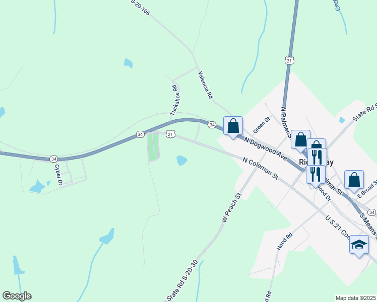 map of restaurants, bars, coffee shops, grocery stores, and more near 525 North Coleman Street in Ridgeway