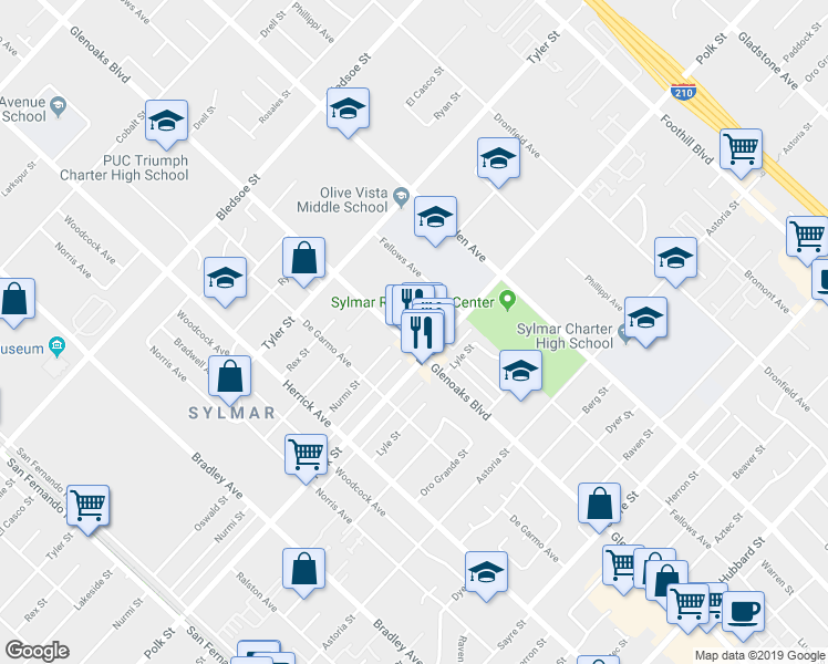 map of restaurants, bars, coffee shops, grocery stores, and more near 13076 Glenoaks Boulevard in Los Angeles