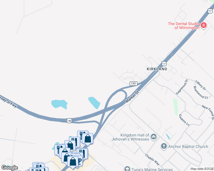 map of restaurants, bars, coffee shops, grocery stores, and more near 8605 Market Street in Wilmington
