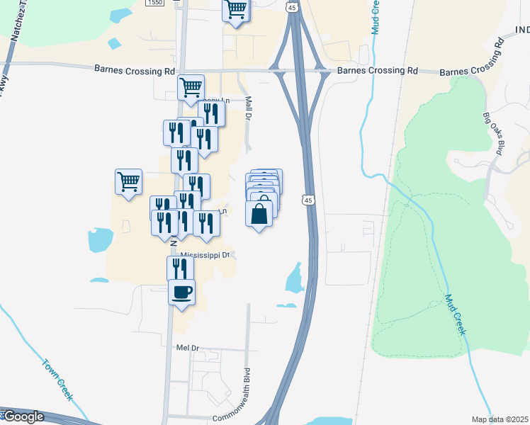 map of restaurants, bars, coffee shops, grocery stores, and more near 1001 Barnes Crossing Road in Tupelo