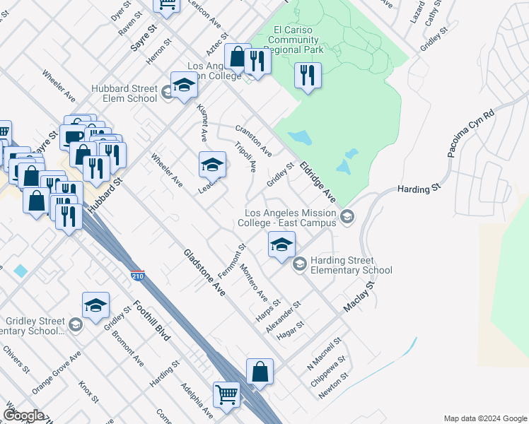 map of restaurants, bars, coffee shops, grocery stores, and more near 13129 Kismet Avenue in Los Angeles