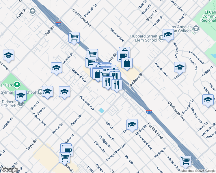 map of restaurants, bars, coffee shops, grocery stores, and more near 13700 Foothill Boulevard in Los Angeles