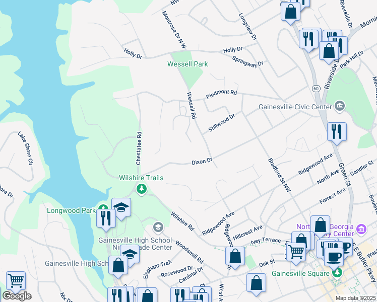 map of restaurants, bars, coffee shops, grocery stores, and more near 1064 Hartwell Crossing in Gainesville