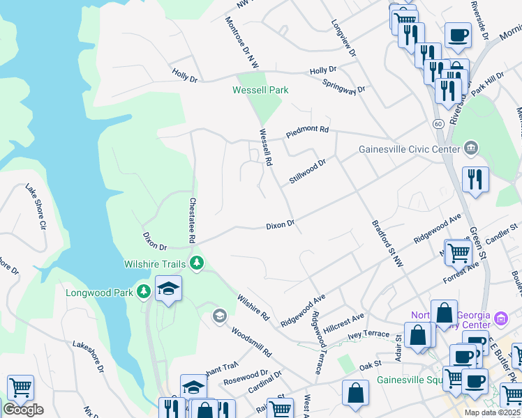 map of restaurants, bars, coffee shops, grocery stores, and more near 1064 Hartwell Crossing in Gainesville