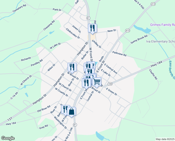 map of restaurants, bars, coffee shops, grocery stores, and more near 104 West Green Street in Abbeville