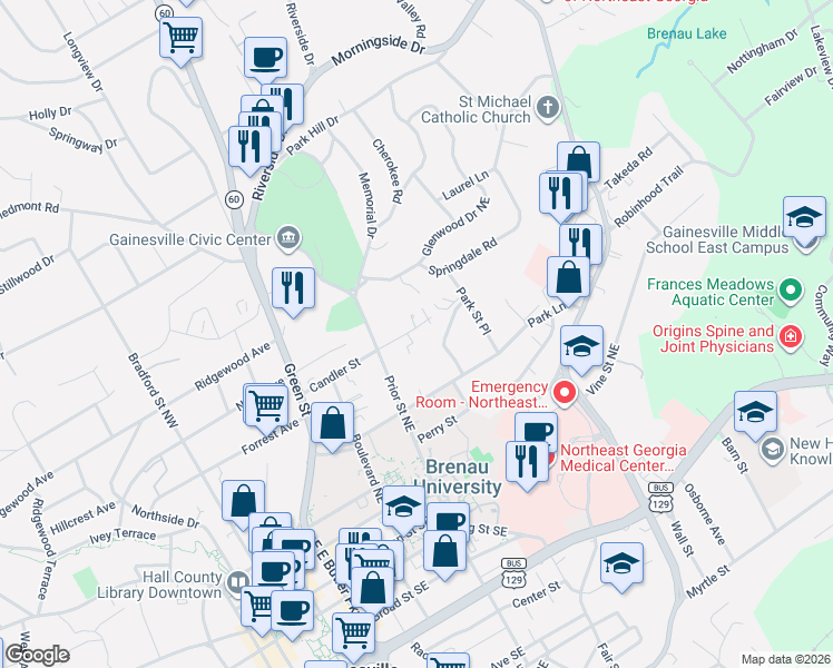 map of restaurants, bars, coffee shops, grocery stores, and more near 850 Candler Street in Gainesville