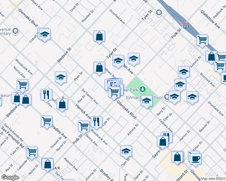 map of restaurants, bars, coffee shops, grocery stores, and more near 13076 Glenoaks Boulevard in Los Angeles