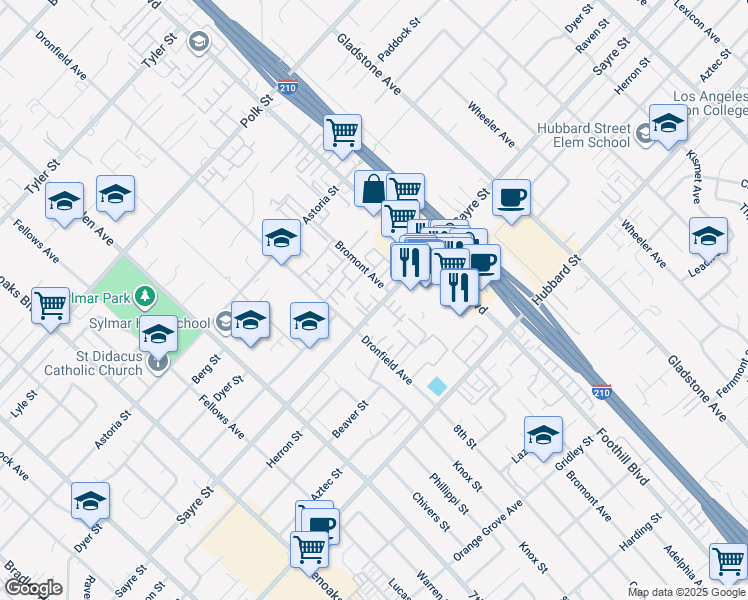 map of restaurants, bars, coffee shops, grocery stores, and more near 13880 Sayre Street in Los Angeles