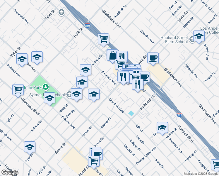 map of restaurants, bars, coffee shops, grocery stores, and more near 13050 Dronfield Avenue in Los Angeles