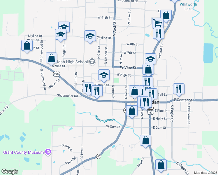 map of restaurants, bars, coffee shops, grocery stores, and more near 210 North Arch Street in Sheridan