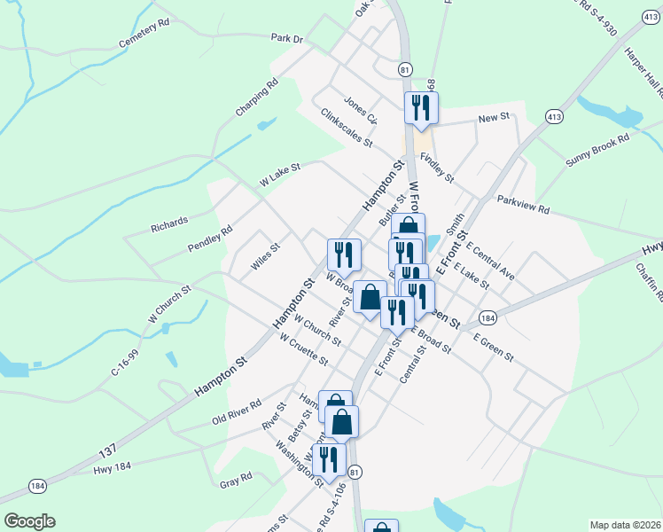 map of restaurants, bars, coffee shops, grocery stores, and more near 302 West Broad Street in Iva