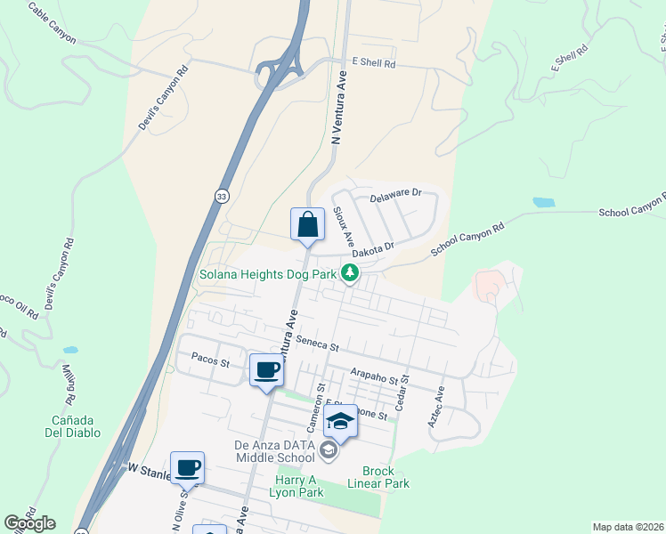 map of restaurants, bars, coffee shops, grocery stores, and more near 96 Dakota Drive in Ventura