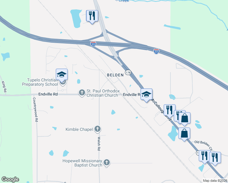 map of restaurants, bars, coffee shops, grocery stores, and more near 4843-4999 Endville Road in Tupelo
