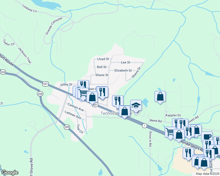 map of restaurants, bars, coffee shops, grocery stores, and more near 6307 Jarmon Road in Guntersville