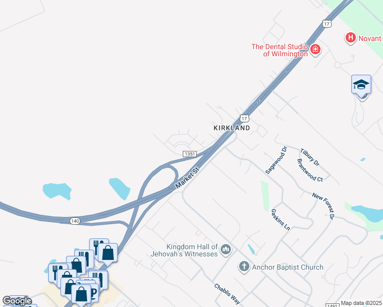 map of restaurants, bars, coffee shops, grocery stores, and more near U.S. 17 in Wilmington