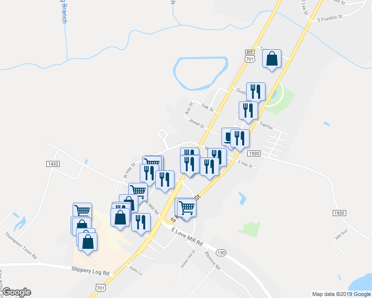 map of restaurants, bars, coffee shops, grocery stores, and more near 317 West Hay Street in Whiteville