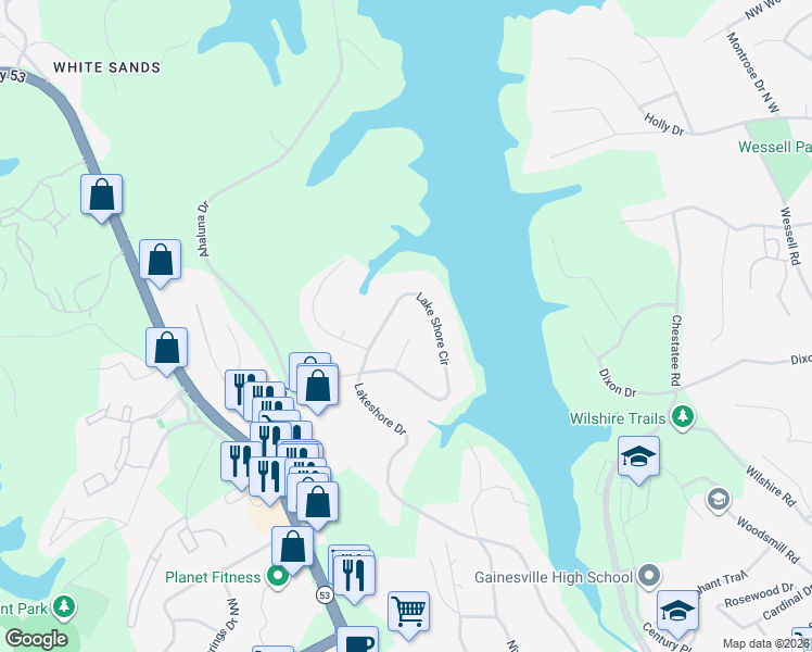 map of restaurants, bars, coffee shops, grocery stores, and more near 1341 Lakeshore Place in Gainesville