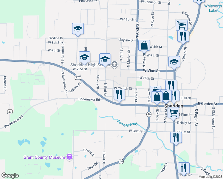 map of restaurants, bars, coffee shops, grocery stores, and more near 365 North College Street in Sheridan