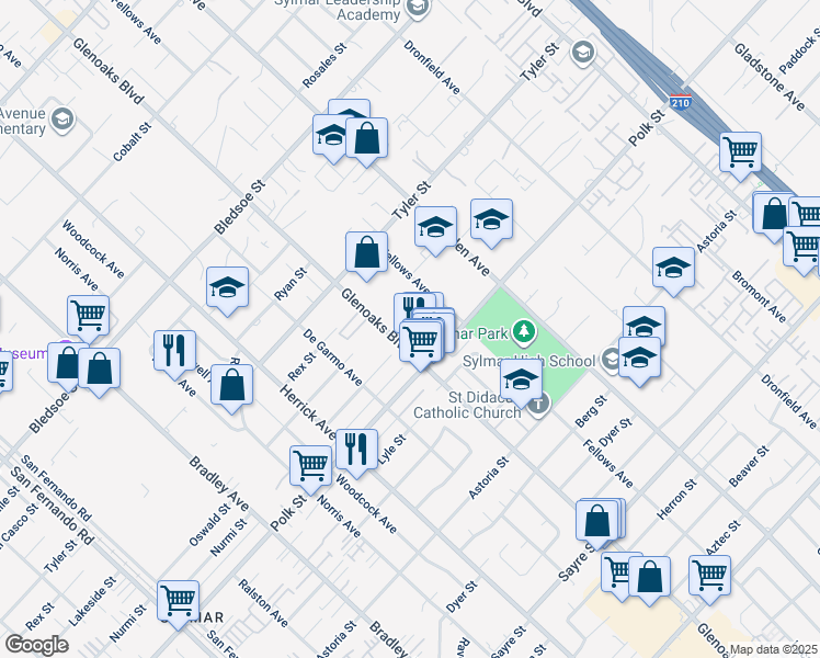 map of restaurants, bars, coffee shops, grocery stores, and more near 13191 Fellows Avenue in Los Angeles