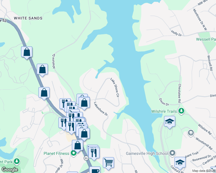 map of restaurants, bars, coffee shops, grocery stores, and more near 1341 Lakeshore Place in Gainesville