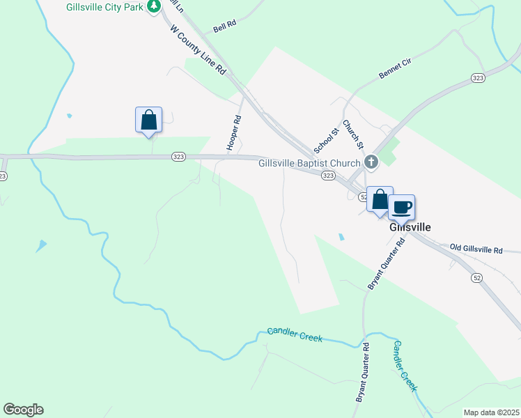 map of restaurants, bars, coffee shops, grocery stores, and more near 6136 Woodland Drive in Gillsville