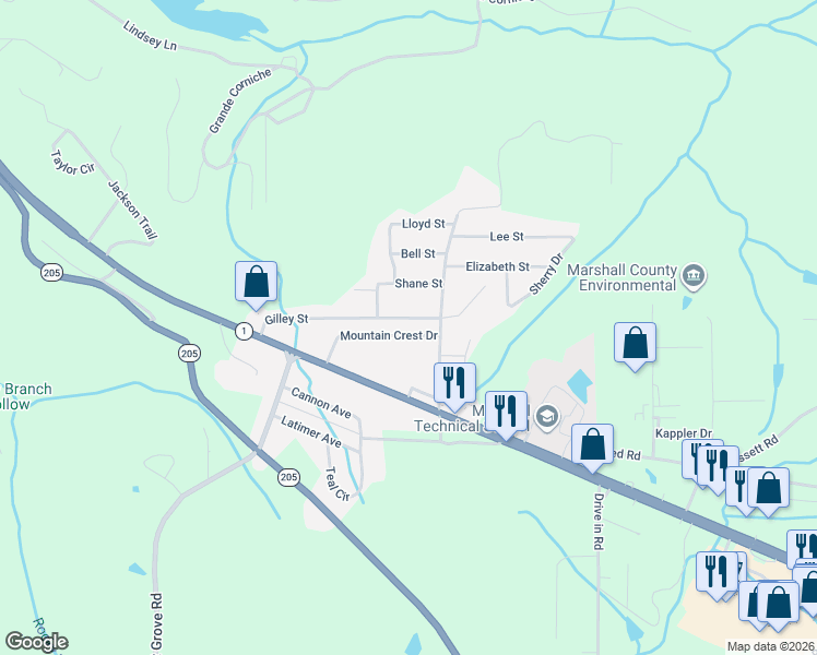map of restaurants, bars, coffee shops, grocery stores, and more near 4704 Gilley Street in Guntersville