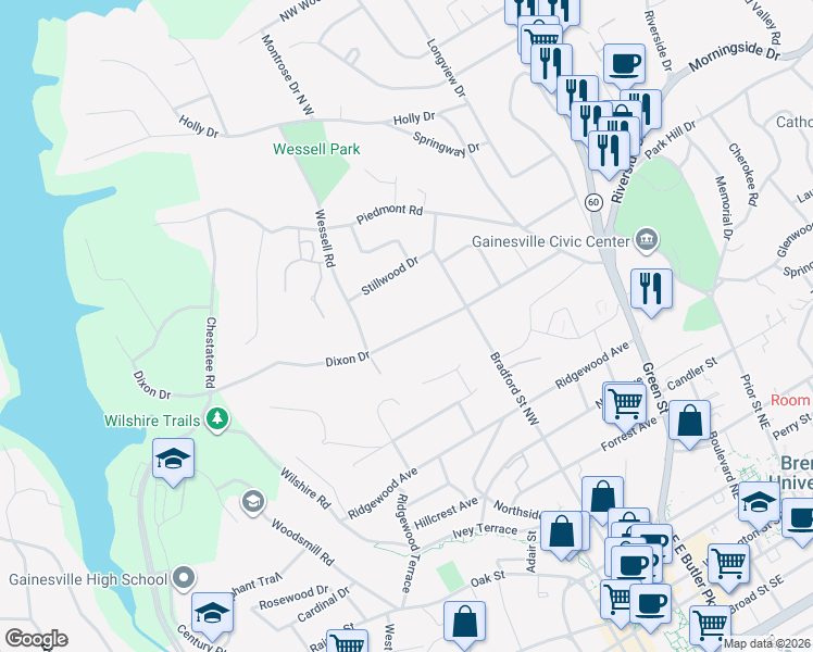 map of restaurants, bars, coffee shops, grocery stores, and more near 590 Dixon Drive in Gainesville