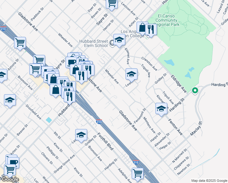 map of restaurants, bars, coffee shops, grocery stores, and more near 13163 Wheeler Avenue in Los Angeles