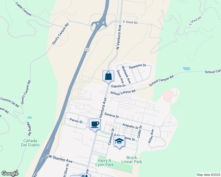 map of restaurants, bars, coffee shops, grocery stores, and more near 22 Dakota Drive in Ventura