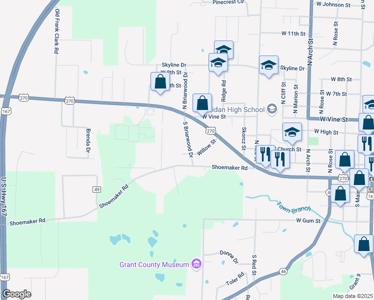 map of restaurants, bars, coffee shops, grocery stores, and more near 203 South Briarwood Drive in Sheridan