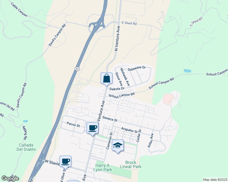 map of restaurants, bars, coffee shops, grocery stores, and more near 70 Dakota Drive in Ventura
