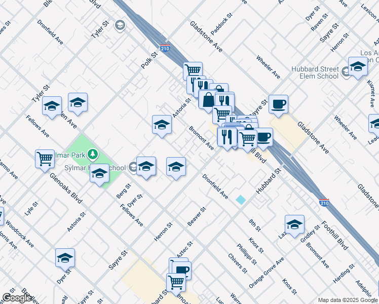 map of restaurants, bars, coffee shops, grocery stores, and more near 13080 Dronfield Avenue in Los Angeles