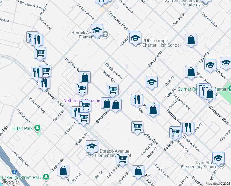 map of restaurants, bars, coffee shops, grocery stores, and more near 13120 Bradley Avenue in Los Angeles