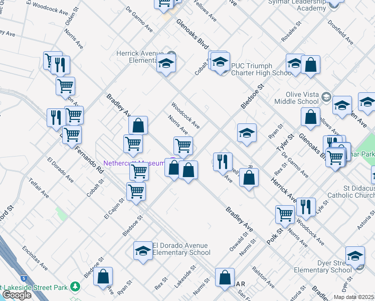 map of restaurants, bars, coffee shops, grocery stores, and more near 13120 Bradley Avenue in Los Angeles