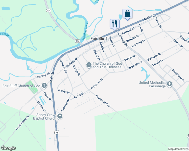 map of restaurants, bars, coffee shops, grocery stores, and more near 1423 Academy Street in Fair Bluff