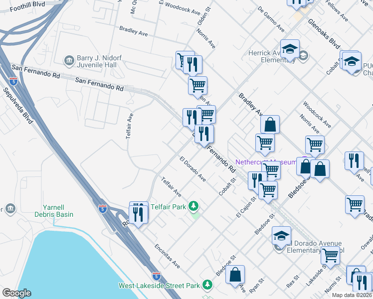 map of restaurants, bars, coffee shops, grocery stores, and more near 15720 Roxford Street in Los Angeles
