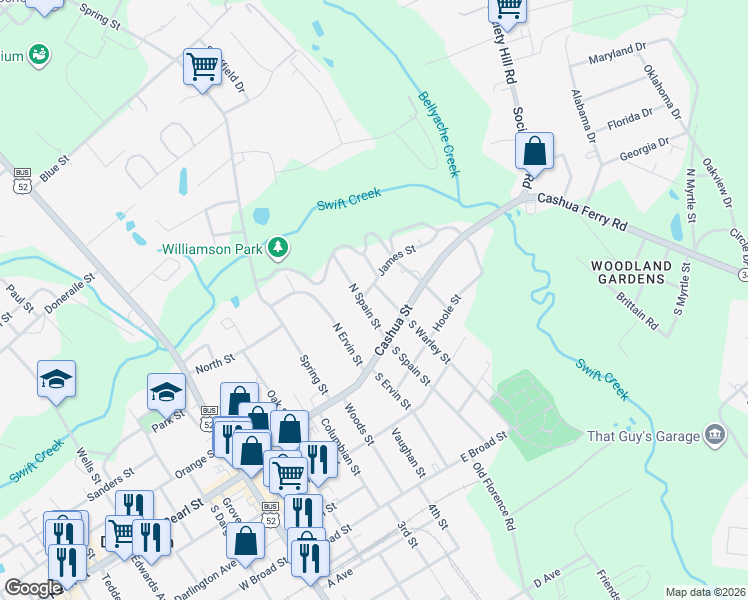 map of restaurants, bars, coffee shops, grocery stores, and more near 112 North Spain Street in Darlington