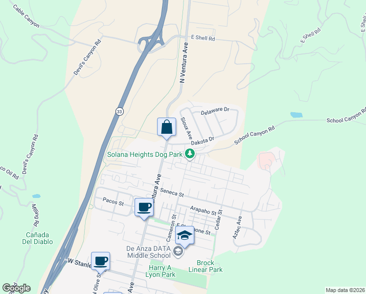 map of restaurants, bars, coffee shops, grocery stores, and more near 96 Dakota Drive in Ventura