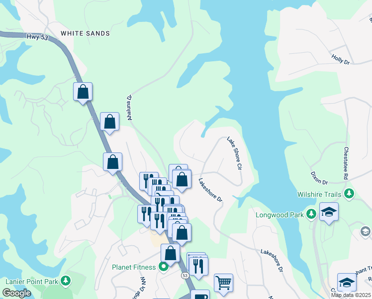 map of restaurants, bars, coffee shops, grocery stores, and more near 1466 West Lake Drive in Gainesville