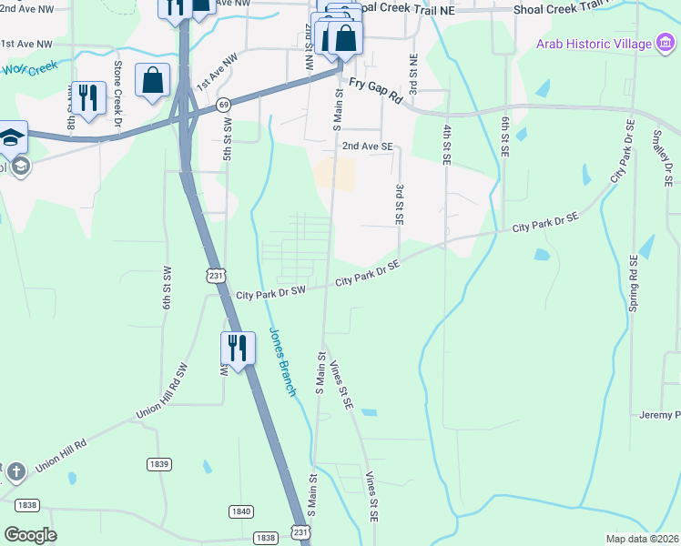map of restaurants, bars, coffee shops, grocery stores, and more near 521 South Main Street in Arab