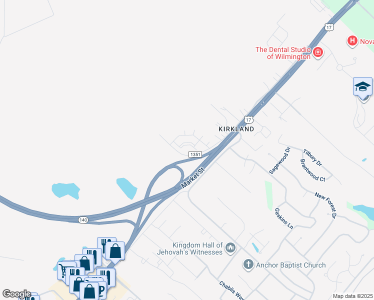 map of restaurants, bars, coffee shops, grocery stores, and more near 8617 Market Street in Wilmington